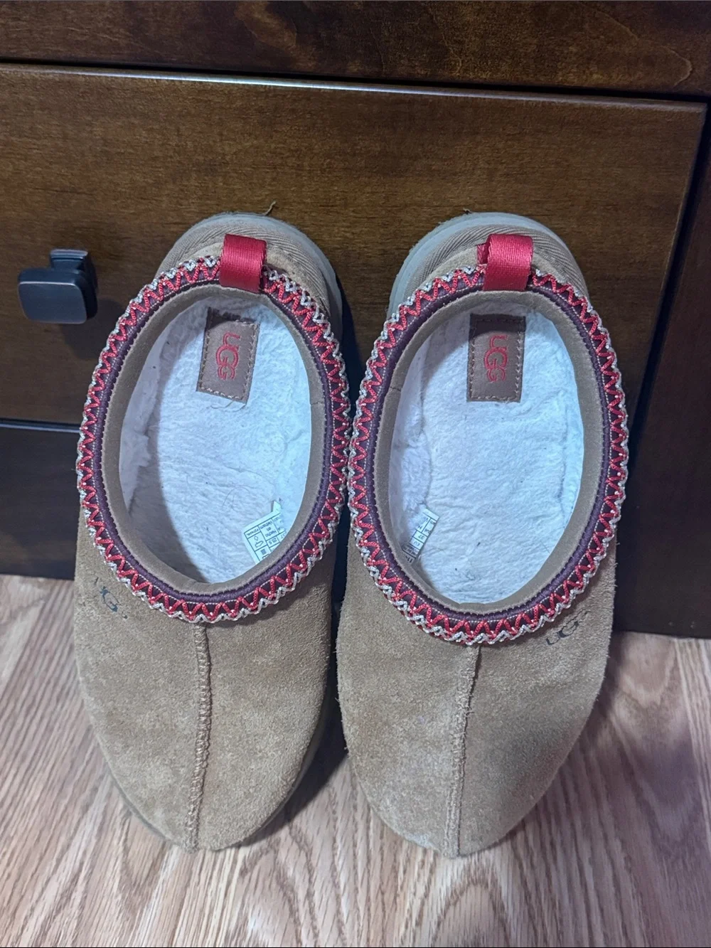UGG Kids Chestnut Suede Slip-On Clogs with Red Trim